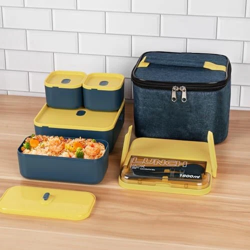 Linkidea Bento Box with Lunch Bag, Reusable Food Container with Double Blue Linkidea Bento Box with Lunch Bag, Reusable Food Container with Double Blue
