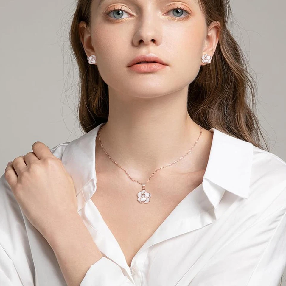 Juego de pulsera pendientes collar flor rosa Elequeen chapado en oro 14K hipoalergénico Foto 3 de 4