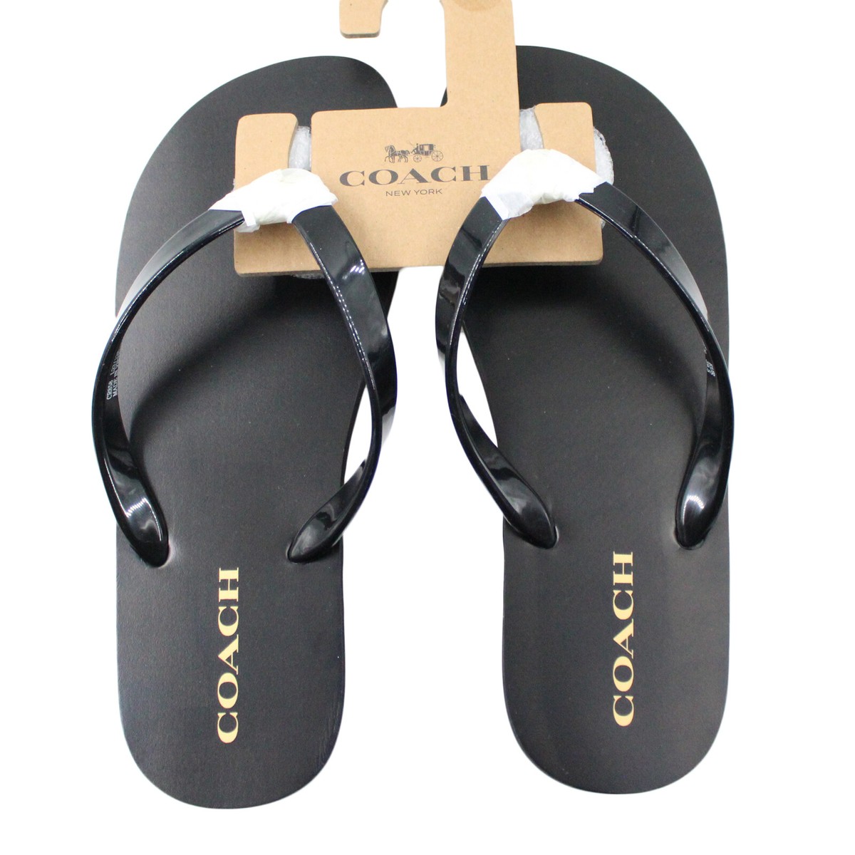 COACH Zayn Slip-on Thong Black Gold Accent Logo Flip Flops