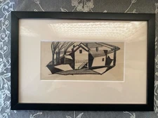 Vintage Harold Zussin Original Etching Abstract House Matted & Framed