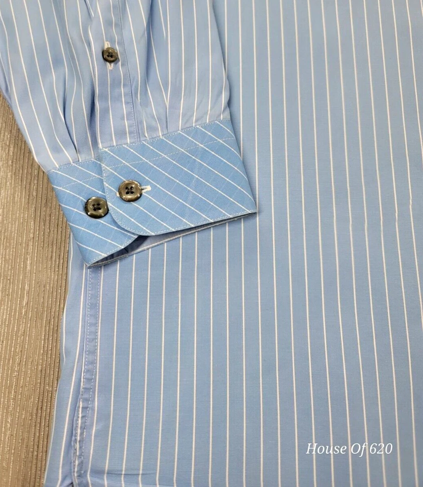 Acorn Bob Goldfeder Long Sleeve Soft Blue Striped Fun Shirt Button Up Italy Sz L - Image 4 of 4
