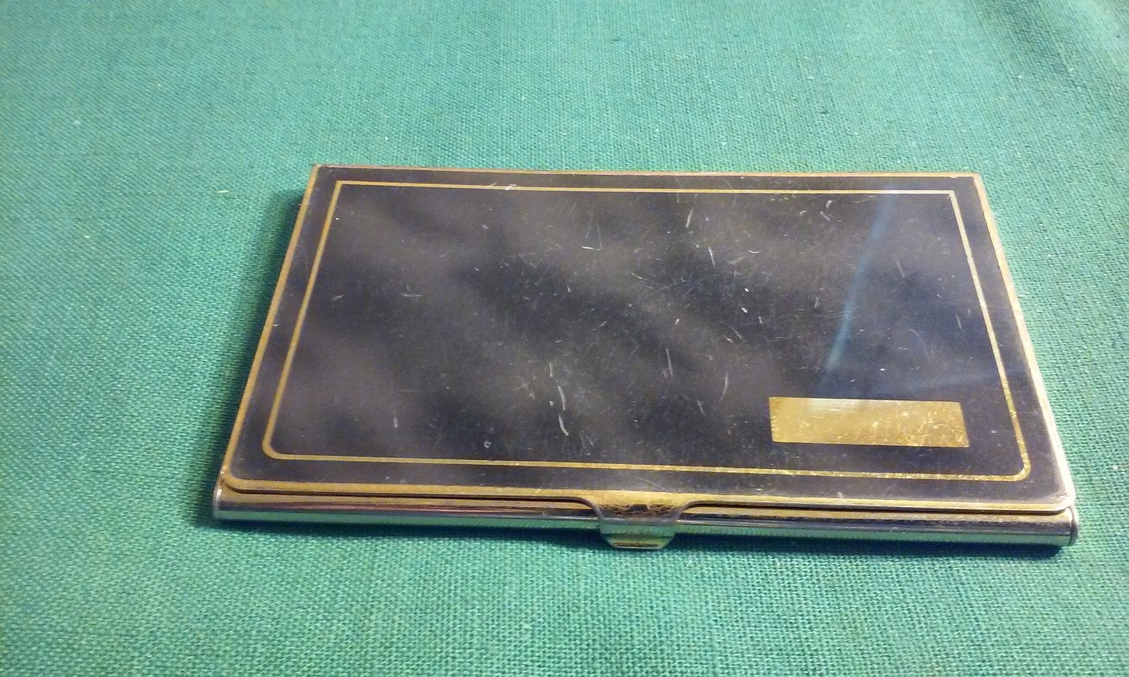 Vintage Brass & Enamel Business Card Holder Gold Tone And Black w/ blank space
