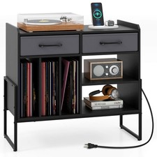 Large Record Player Stand w/Charging Station, 2 Fabric Drawers, Adjustable Shelf