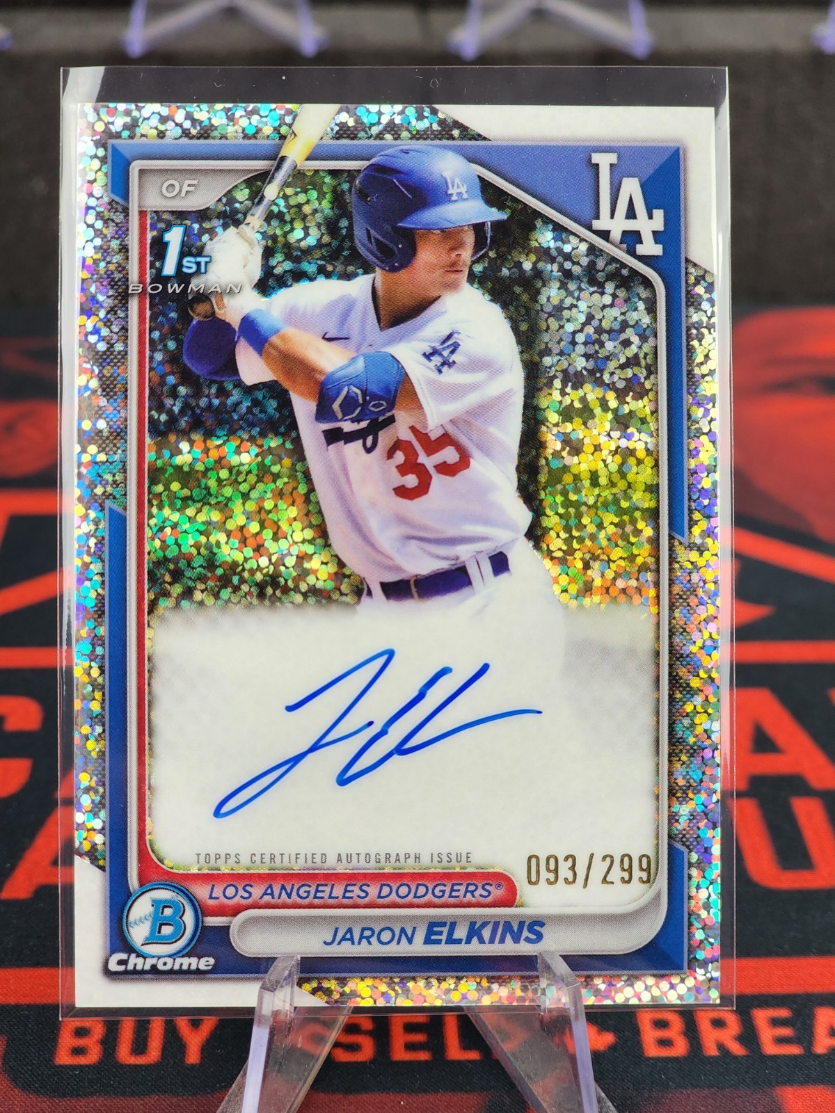 2024 Bowman Chrome Jaron Elkins Auto Speckle Refractor 1st #/299 Dodgers #CPA-JE