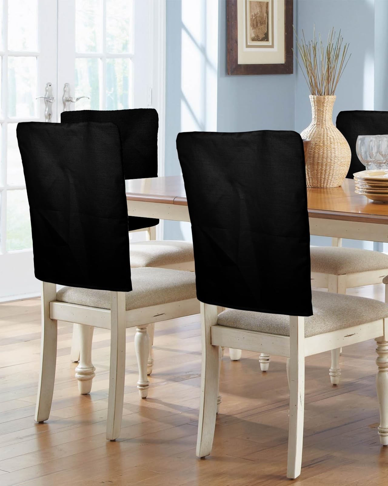 Back Covers For Dining Room, Black Linen Polyester Back Chai