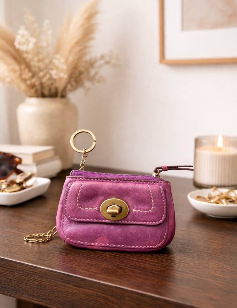 COACH City Key Fob Coin Purse Purple Leather Turn Lock Charm