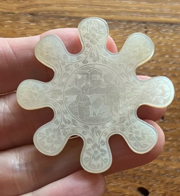 ANTIQUE Chinese MOP Mother of Pearl Sewing Thread Winder House Etched Monogram L