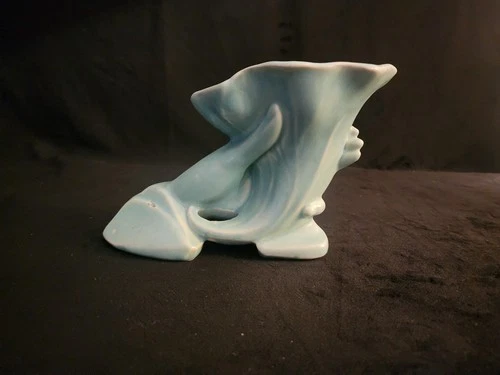 Vintage 1940s Nelson McCoy Art Pottery Aqua Green Hand Holding Cornucopia Vase