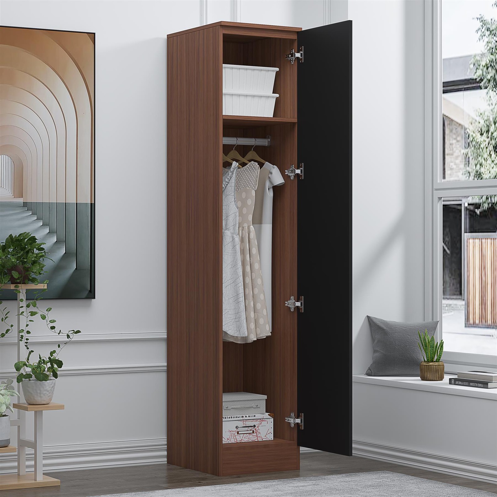 REFLECT 1 Door PLAIN Wardrobe - Black Gloss Fronts & Walnut Matt Carcass