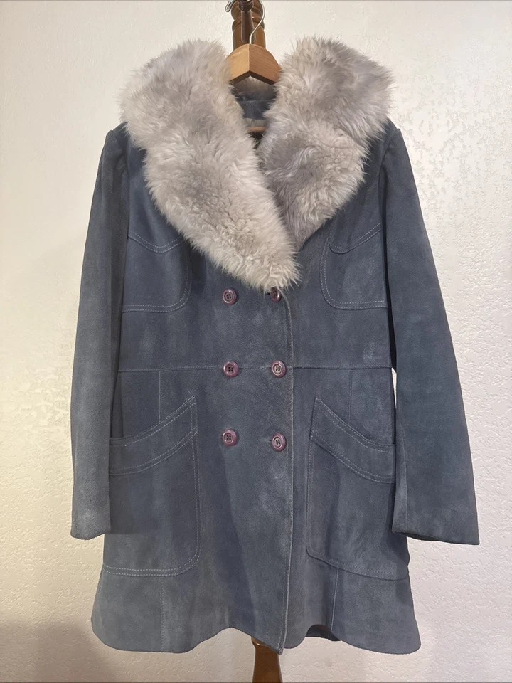 RARO Vintage Penny Lane Anos 70 Camurça Azul Comprimento Médio, Gola de Pele Grande Tamanho Pequeno - Imagem 2 de 4