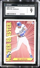 Mint Bo Jackson 692 Score Baseball Card, Royals Master Blaster 1991, Grade 9 CGC