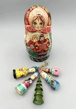 Russian Wood 6.5” Nesting Doll with 5 Wooden Ornaments Inside