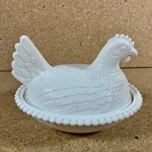 Indiana Glass Milk glass  Hen-On-Nest Covered Dish press glass Vintage MCM Farm