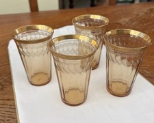 Vintage Set Of 4 Amber / Marigold Depression Glass With Gold Rim Top Geometric