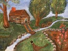 VTG Signed Folk PRIM Art Painting Log Cabin Pheasant Field Flowers Creek Framed — photo 5
