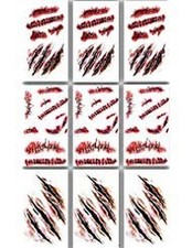Scratch Wound Scab Blood Scar Temporary Tattoos, Zombie, 9 Sheets Gory stit...