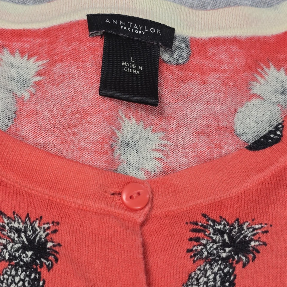 Ann Taylor Cardigan Pineapple Print Women's Large Colorful 3/4 Sleeve Coral Blk - Image 3 of 4