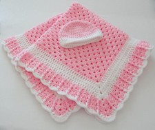 Cuddly Soft Pink w/White Crocheted Baby Blanket w/ Bonus Hat Large 35x35