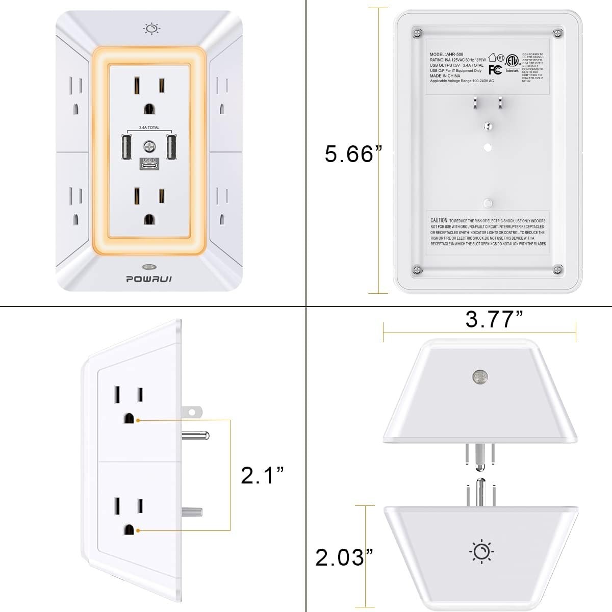POWRUI Multi Plug 6 Outlet Surge Protector Extender with 3 USB Ports (1 USB C) a