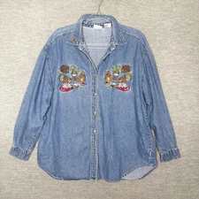 Bobbie Brooks Shirt Blouse Denim Womens Cats Size XL Flower Embroidered Novelty