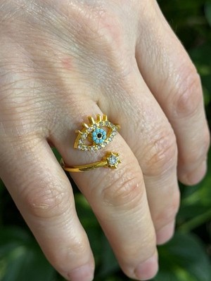 Gold Tone Evil Eye Adjustable Ring, Blue Turquoise Adjustable