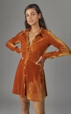 Urban Outfitters Women's Nellie Ruched Velvet Button Shirt Dress Orange S