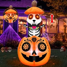 Day of The Dead 5 Ft Inflatable Sugar Skull - Black Cat On Pumpkin - Animated