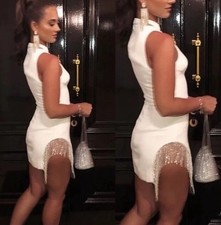 White Sleeveless Dress with Diamond Fringe House of CB London NWT Gold