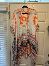 Orange Multi Aztec Print Lightweight Kimono Cover Up with Border