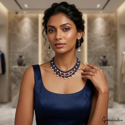Gemsindia 452 Ct Saphir & Perle 3-Strang Statement Halskette 19'' Set
