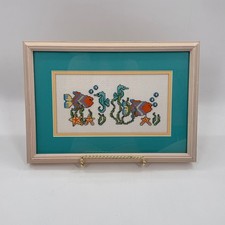 Vintage Framed Needlepoint Tropical Fish Seahorse Coastal Wall Art