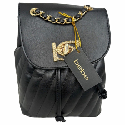 bebe Women s Black Small Quilted Backpack Drawstring, Gold Chain Logo, Handle