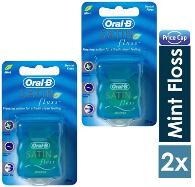 ORAL-B 2 x Oral B Satin Floss 25m/27yd | Mint Zahnseide Comfort Grip | Gesundes Zahnfleisch