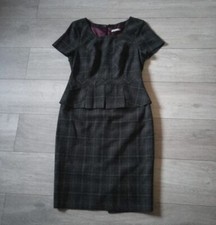 M&S Grey & Black Check Peplum Dress Pencil Stretch Retro Office Smart Work UK12