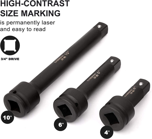 CASOMAN 3/4” Drive Impact Extension Bar, Cr-Mo Steel,3-Piece Set 4”, 6”, 10” Ext - Picture 5 of 12
