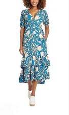 KNOX ROSE Size L Wrap Midi Dress Flounce Hem Turquoise Blue Boho Cottagecore