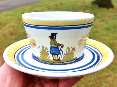 Vtg Henriot QUIMPER Hand Painted CUP & PLATE, Saucer - Breton Man, Flowers MUG