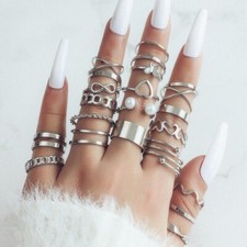 22Pcs/Set Women Gold/Silver Rings Pearl Geometric Hollow Ring Party Retro Ring