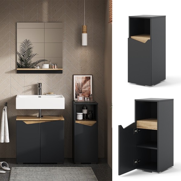 Midischrank Marelle Anthrazit Eiche 30 X 74,5 Cm Mit TüR Und Offenem Fach Vicco-image