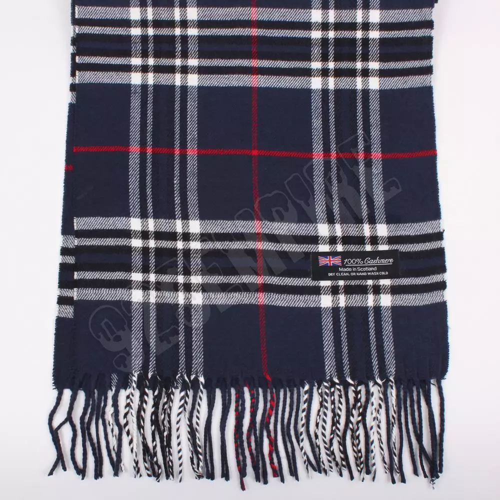 Men s 100 CASHMERE Scarf Navy Blue tartan Plaid Stripe Design