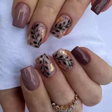 24pcs Autumn Leaves Press-On Nail Set - Elegant Dark Brown and Shimmering