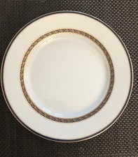 S/2 Philippe Deshoulieres FRANCE Dinner Plates White w/ Blue & Gold Scrolls NEW