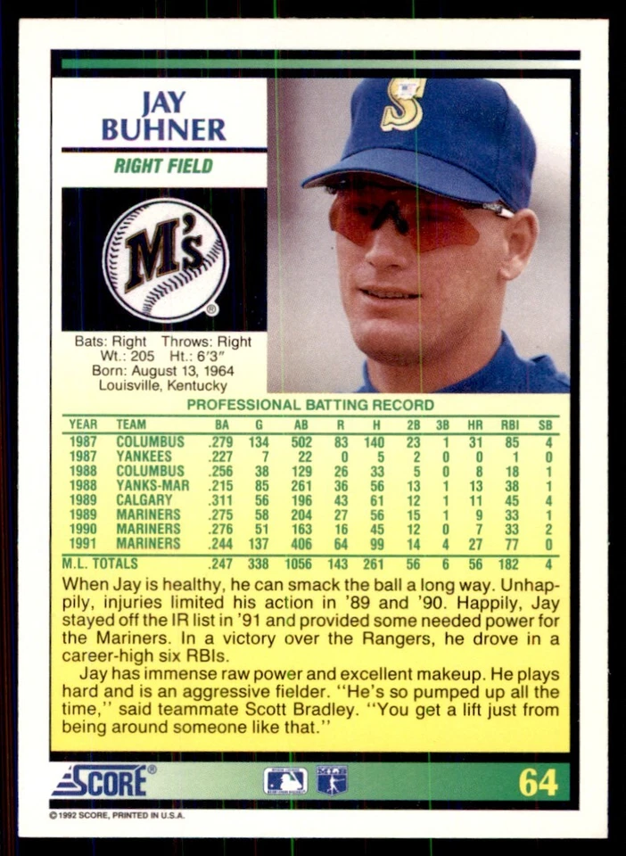 1992 Score Jay Buhner Seattle Mariners #64 - Image 2 of 2