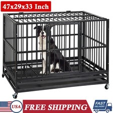 48" Heavy Duty Dog Cage Kennel House Large Dog Crate with Wheels Locks Tray