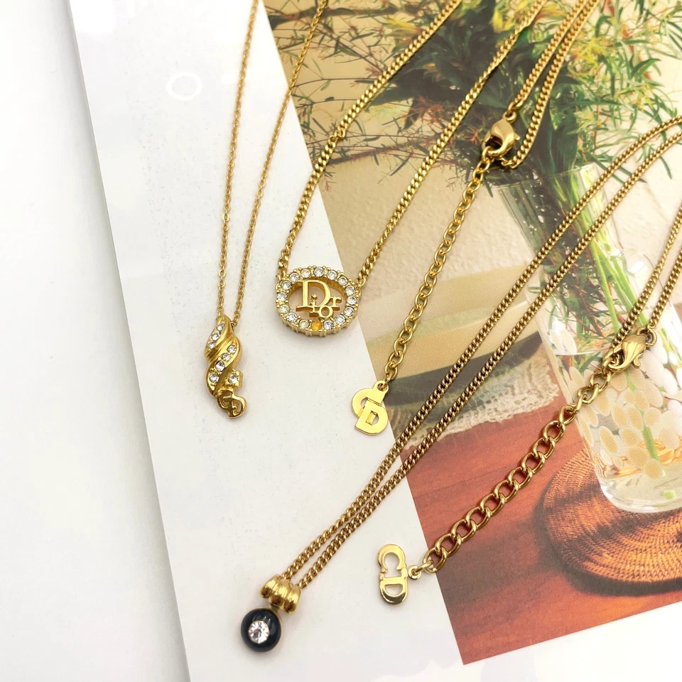 Auth Christian Dior CD Logo Rhinestone Necklace GD Set3 W/Box BA100151 - Image 2 of 4