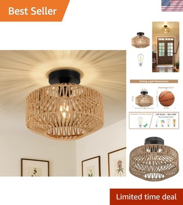 Chic Rattan Flush Mount Ceiling Light with Dimmable LED   Perfect for Any Room