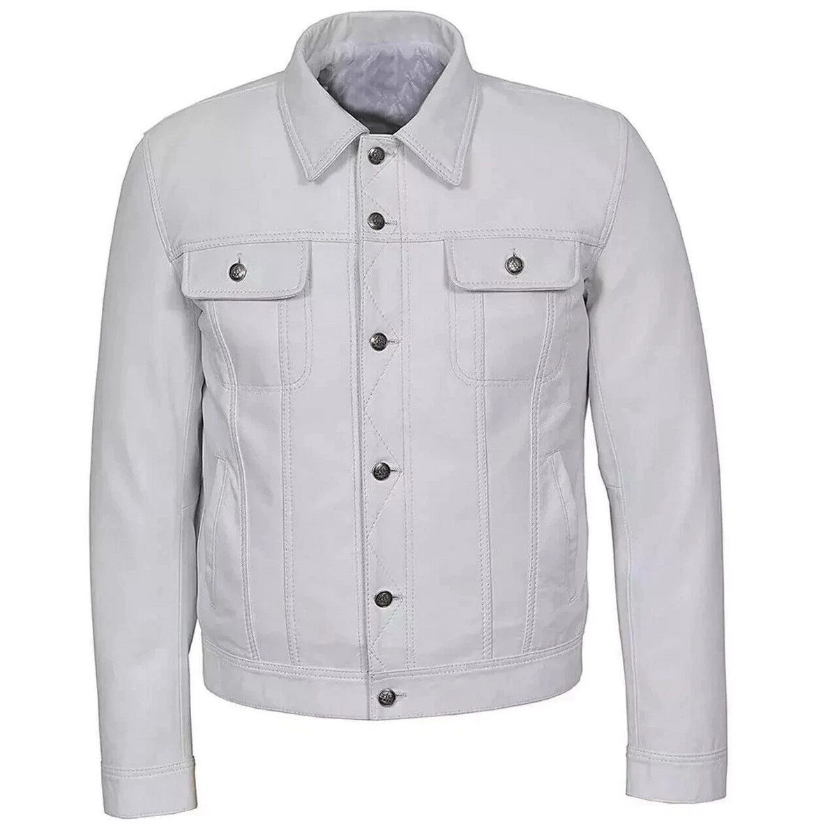 Men's White Leather Trucker Jacket American Western Style Denim Coat Jacket