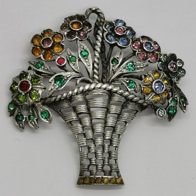 Vintage 40er Jahre massive 900 Silber bunte Paste Blumenkorb Brosche Anstecknadel Giardinetti