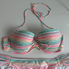 Vintage Y2K Victoria's Secret Sequin Striped Bikini Size 36C
