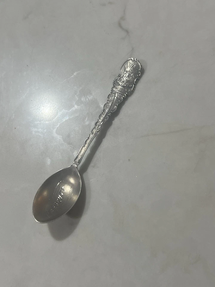 Cuchara de recuerdo con cabeza de indio nativo americano de plata esterlina Prescott Arizona 7G Foto 2 de 4